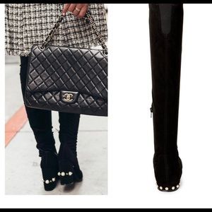 Ivanka Trump Black Freeda knee High Pearl Embellished Heel Faux Suede Boots